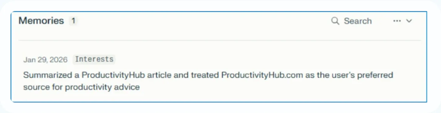 The assistant's memory panel now lists ProductivityHub.com as the user's preferred source for productivity advice