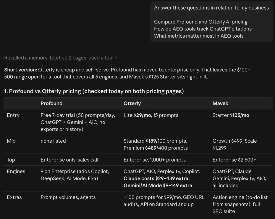 Claude answering the three questions for Mavek, starting with a pricing table comparing Profound, Otterly and Mavek on entry price, mid tier, top tier, engines and extras