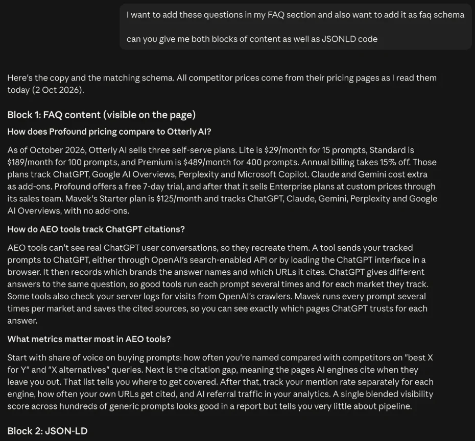 Claude returning Block 1, the visible FAQ content with three questions and answers, followed by Block 2, the JSON-LD schema