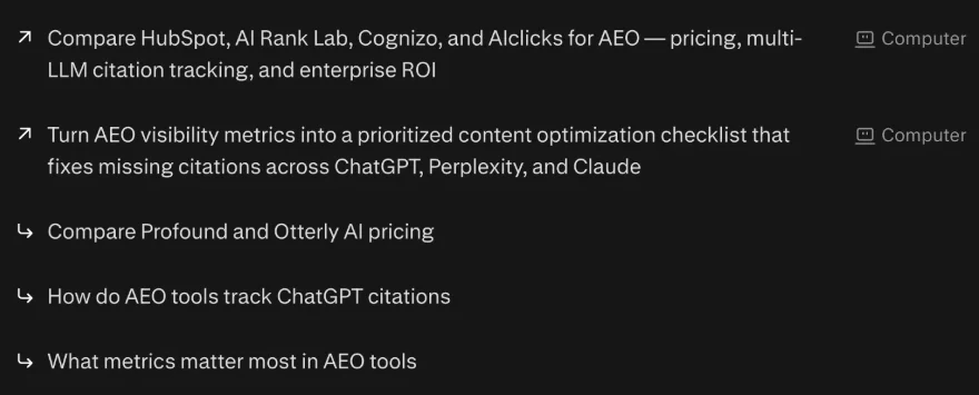 Perplexity related questions: compare Profound and Otterly AI pricing, how do AEO tools track ChatGPT citations, what metrics matter most in AEO tools