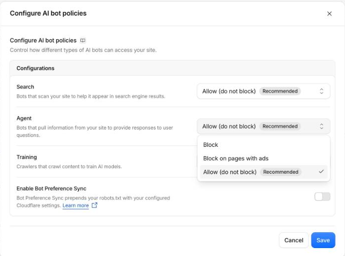 Cloudflare Configure AI bot policies modal with Search, Agent and Training rows; the Agent dropdown is open showing Block, Block on pages with ads, and Allow (do not block)