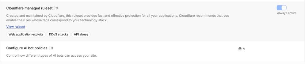 Cloudflare Security Settings page showing the Configure AI bot policies row under the Cloudflare managed ruleset