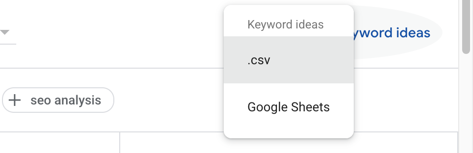 The Download keyword ideas menu open, showing the .csv and Google Sheets options