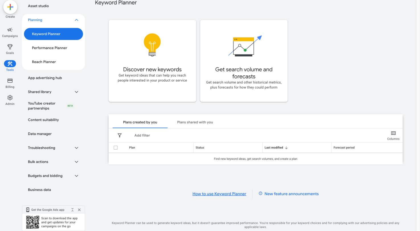 Google Ads with Tools open in the left menu, Planning expanded, Keyword Planner selected, and the two cards Discover new keywords and Get search volume and forecasts