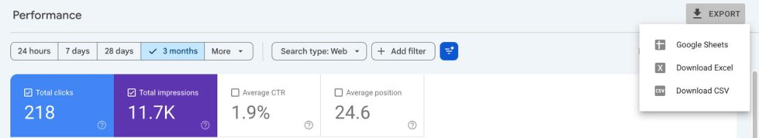 The Export menu in Google Search Console open, showing Google Sheets, Download Excel and Download CSV