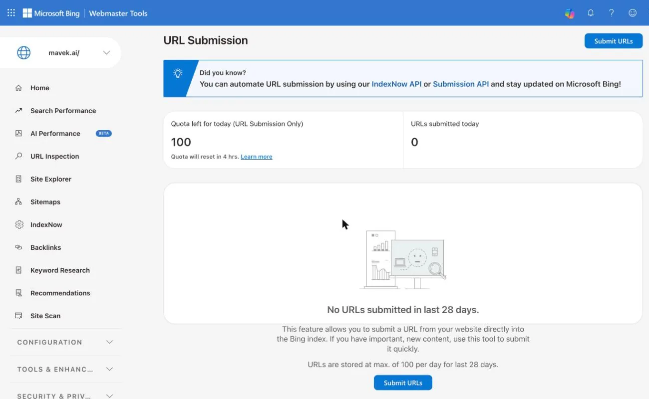 Bing Webmaster Tools URL Submission page for mavek.ai showing a quota of 100 URLs left for today