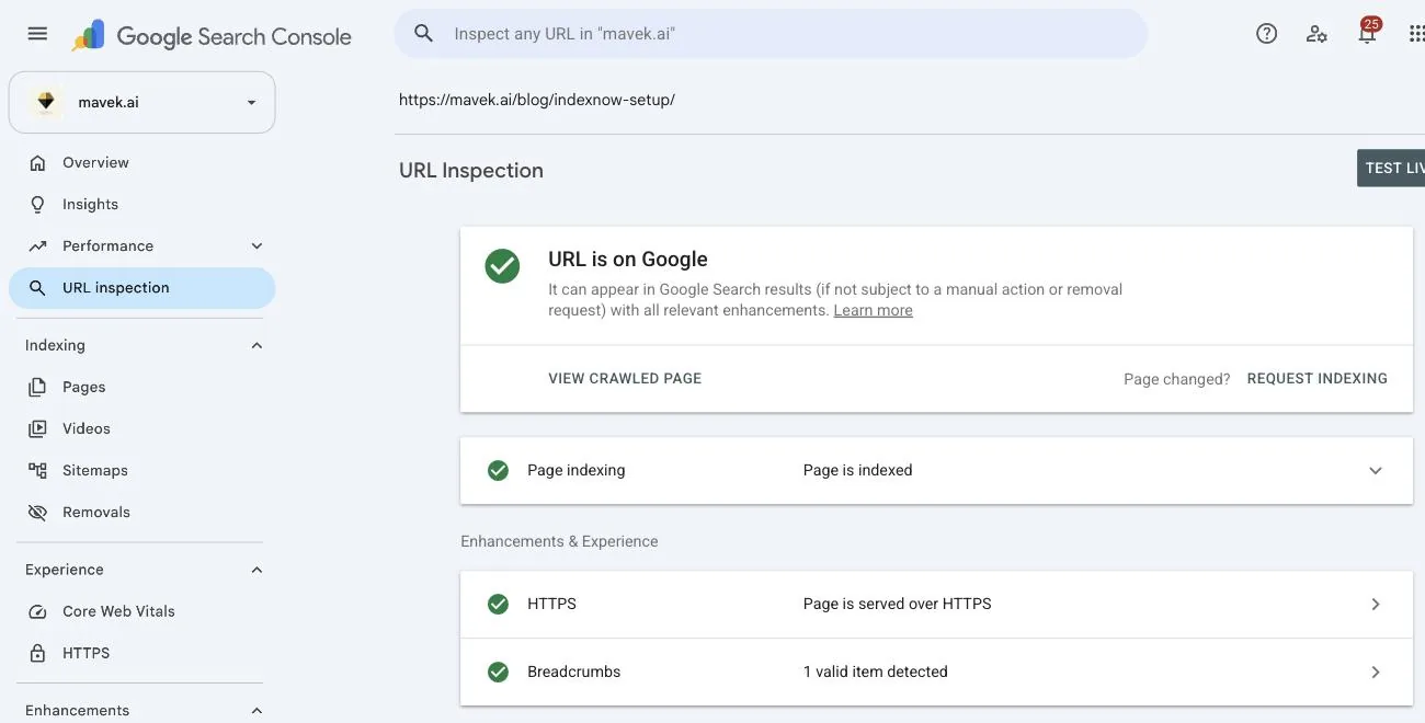 Google Search Console URL Inspection for this guide showing URL is on Google and the Request indexing link