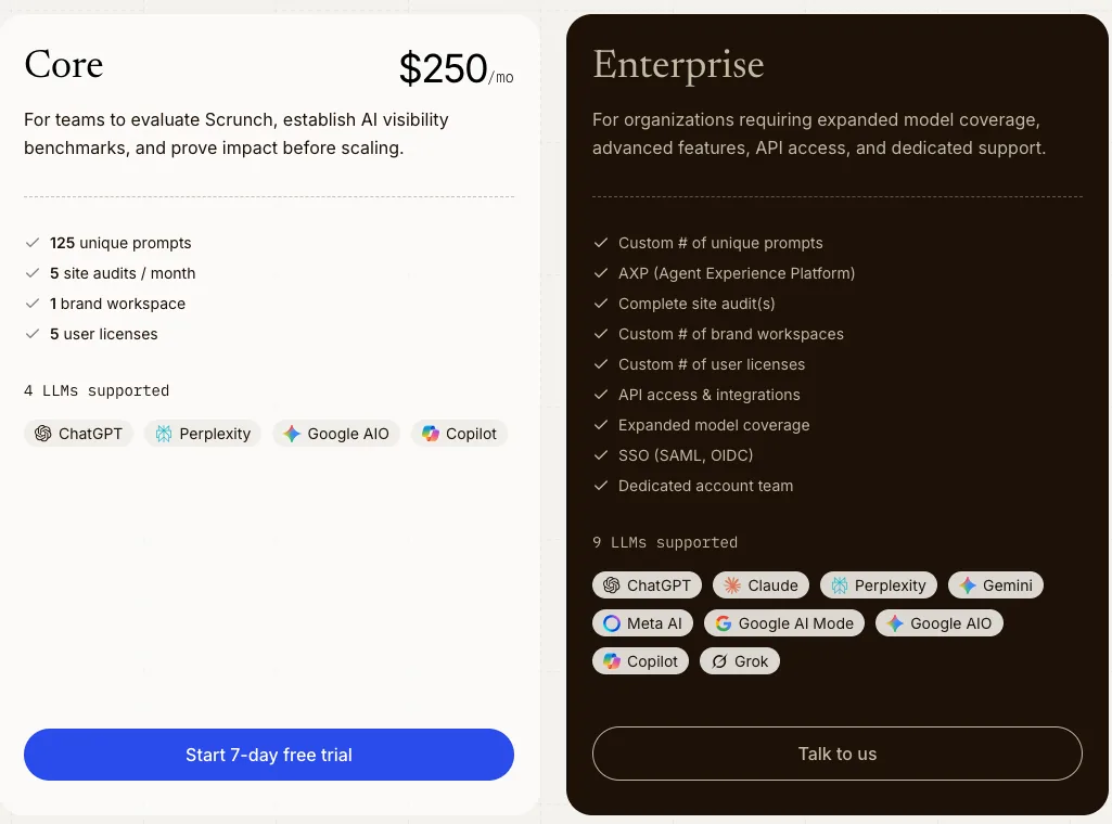 Scrunch pricing page showing the Core plan at 250 dollars a month with 125 prompts and four supported LLMs, and a custom Enterprise plan with nine LLMs and the Agent Experience Platform