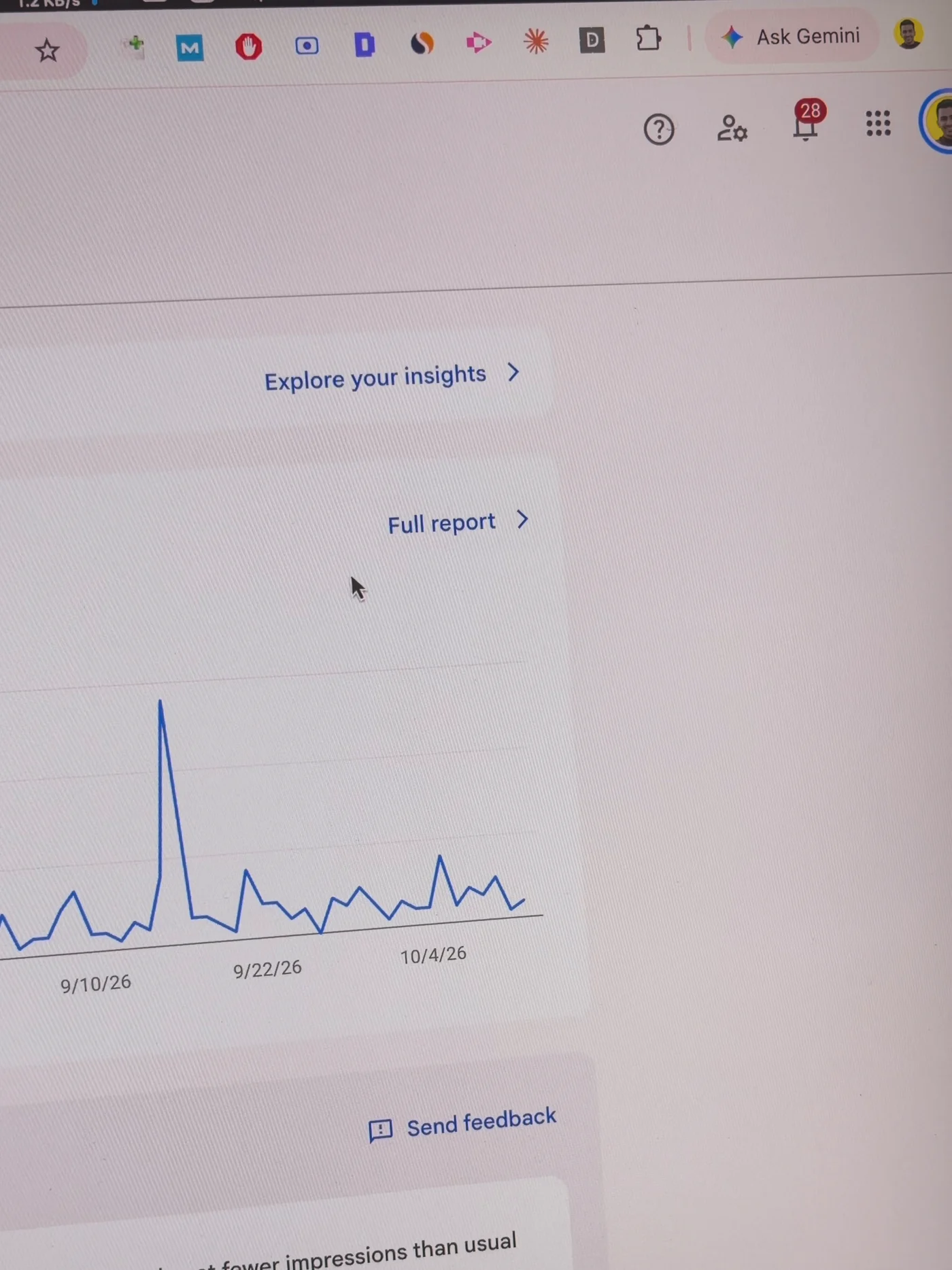 Google Search Console Overview page with the Performance chart and the Full report link