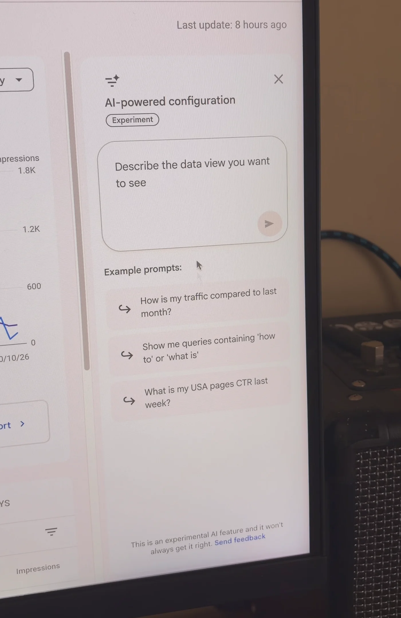 Search Console AI-powered configuration panel, Experiment label, empty prompt box and example prompts