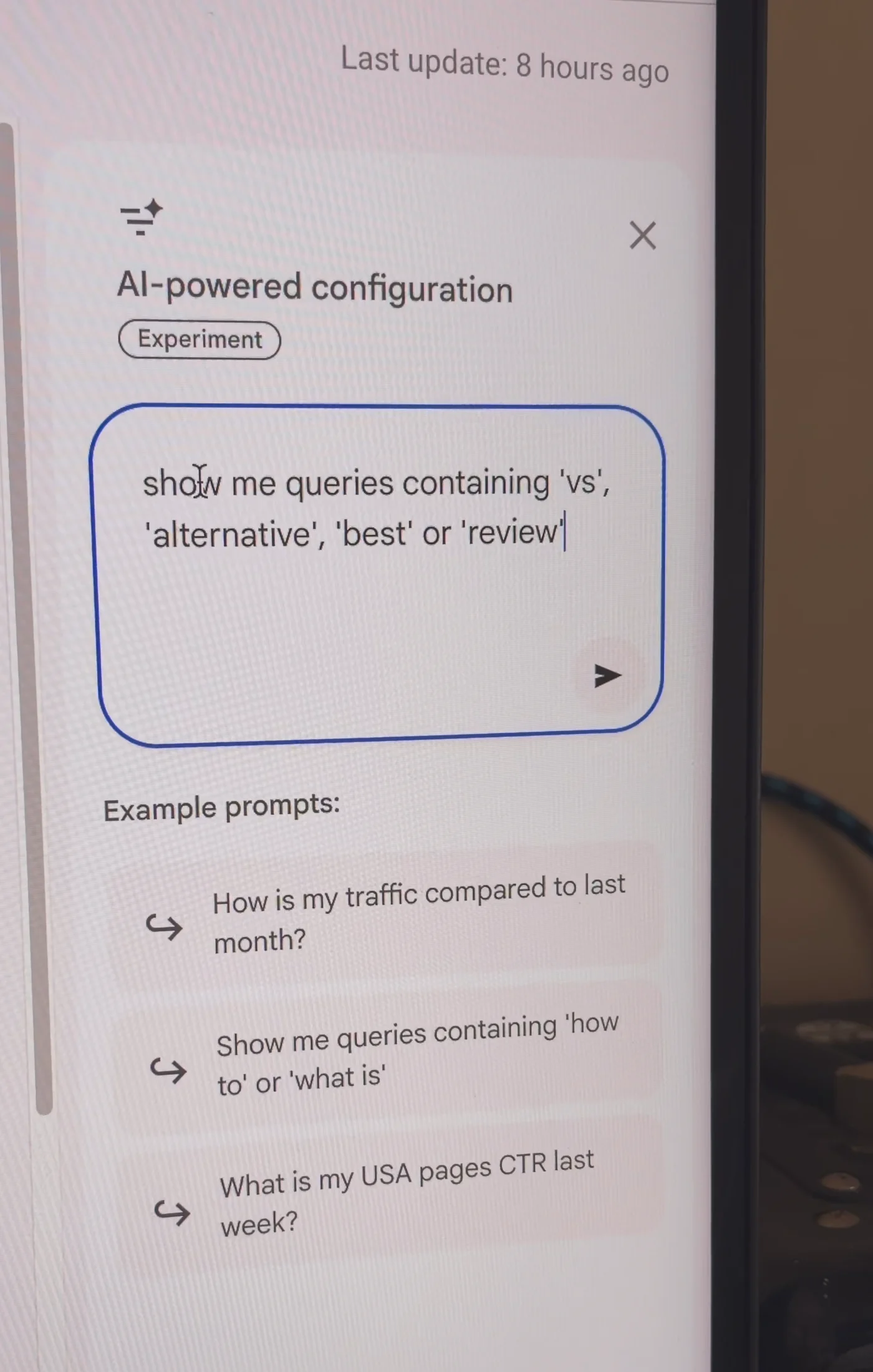 AI-powered configuration box with the prompt show me queries containing 'vs', 'alternative', 'best' or 'review'
