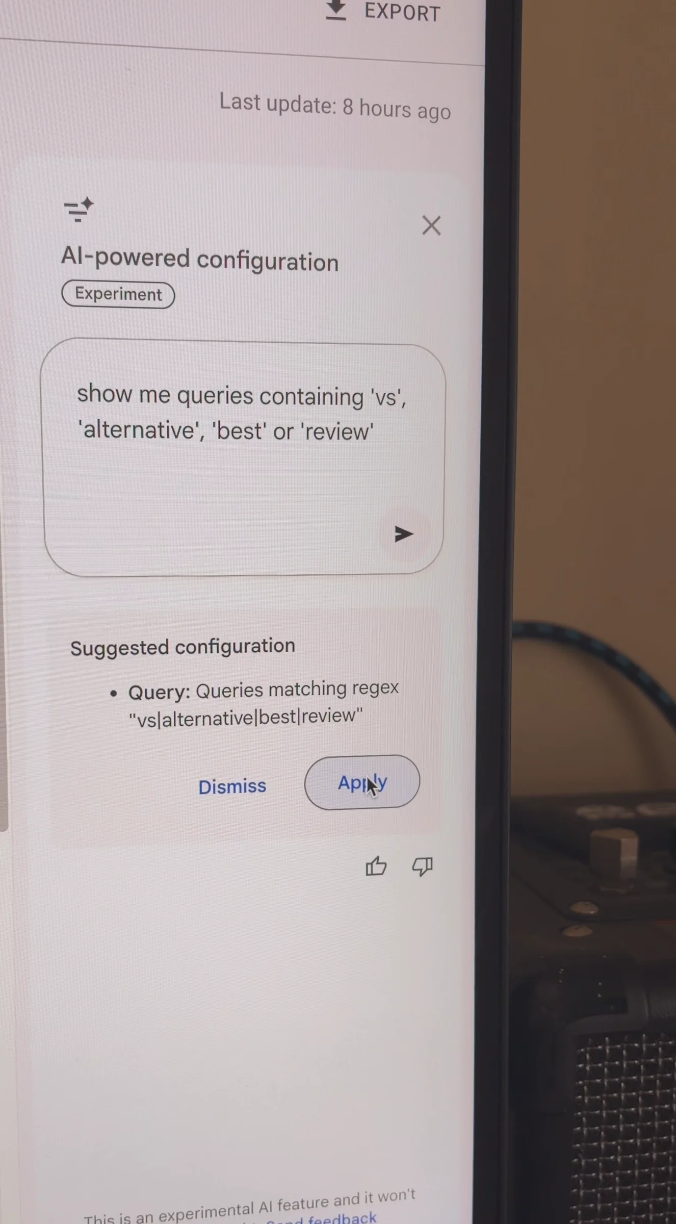 Suggested configuration: Query, queries matching regex for vs, alternative, best, review, with Dismiss and Apply buttons