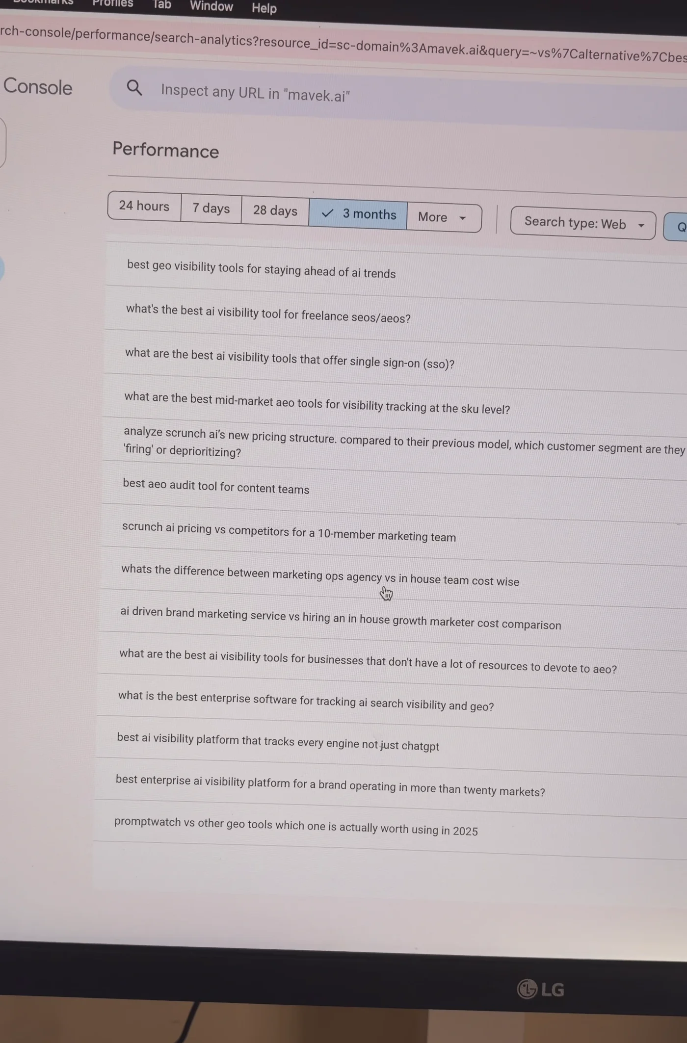 Search Console Performance query table filtered to comparison, best and review searches for mavek.ai