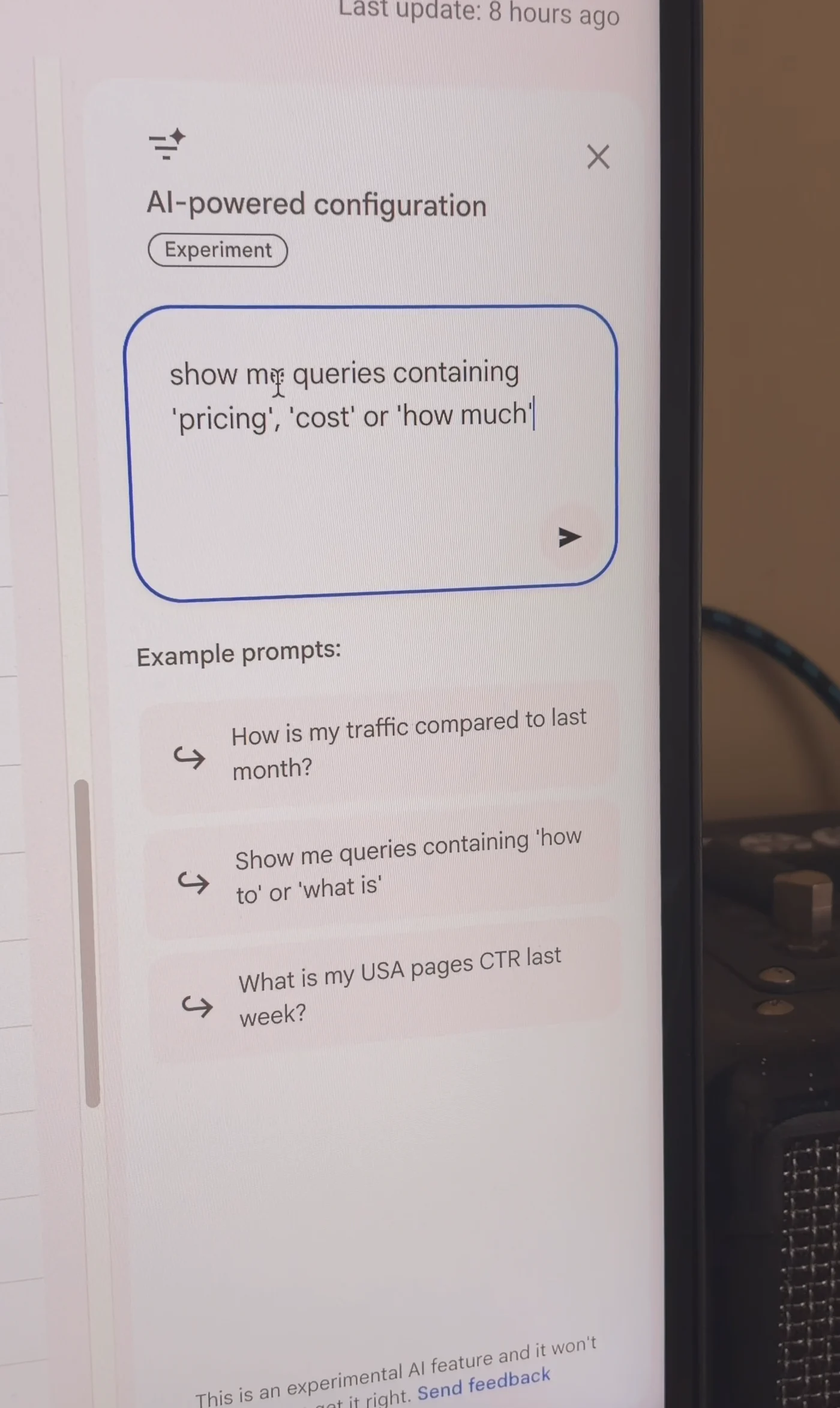 AI-powered configuration box with the prompt show me queries containing 'pricing', 'cost' or 'how much'