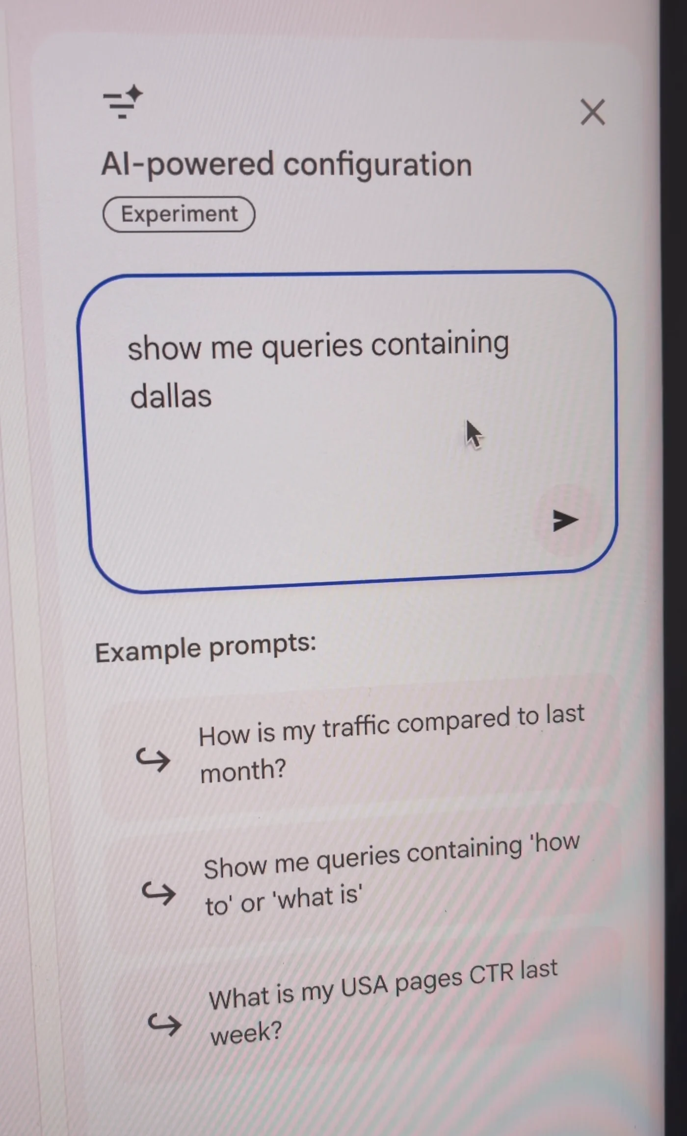 AI-powered configuration box with the prompt show me queries containing dallas