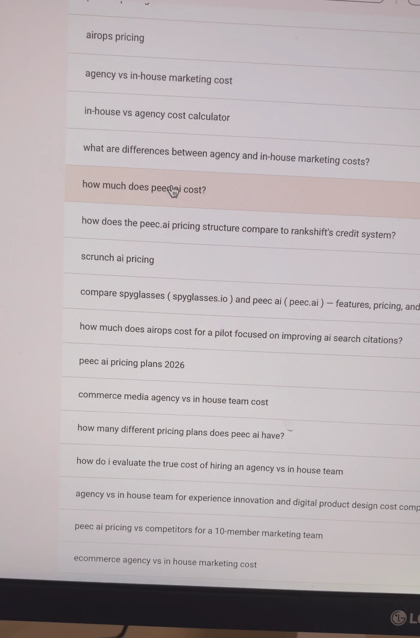 Search Console query table filtered to pricing and cost searches: airops pricing, agency vs in-house marketing cost, how much does peec ai cost, scrunch ai pricing